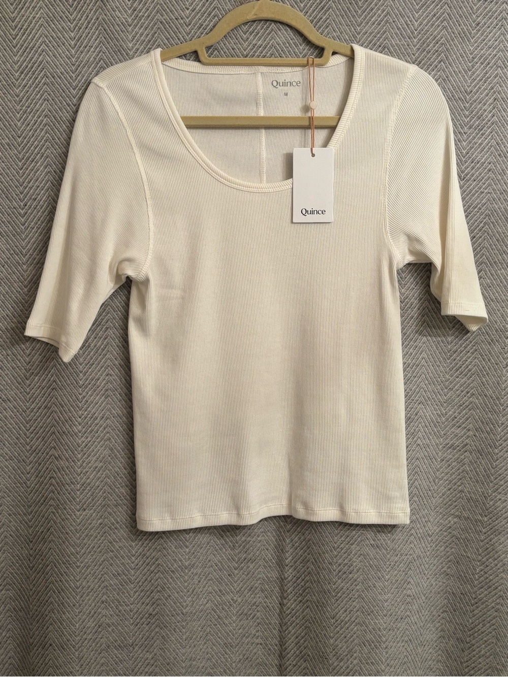 Quince Organic White Ribbed Scoop Neck Elbow Sleeve Tee